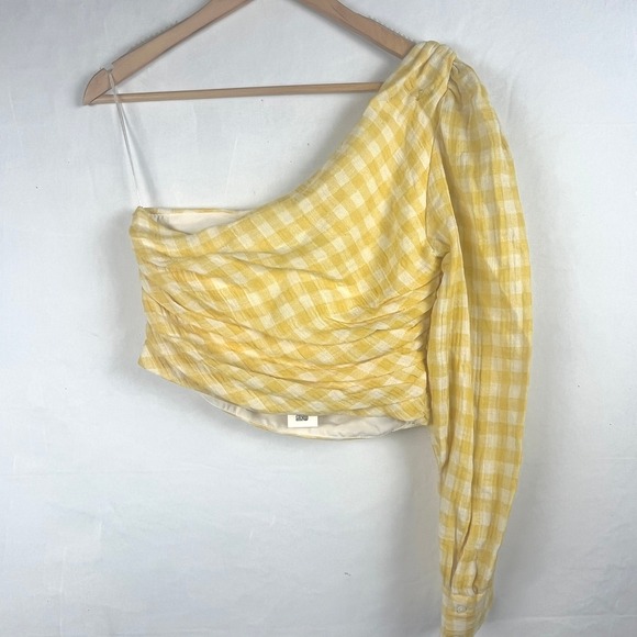 NWT Zara Yellow Gingham One Shoulder Ruched Crop Top L - Picture 3 of 7